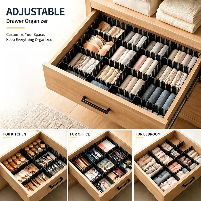 Drawer Divider Adjustable Diy Storage Organizer Separator for Tidying Clutter Cutlery Makeup Clothes of Dresses, Desk & Box in Kitchen Bathroom Bedroom Office (Cut at Will) (Black 32pcs)
