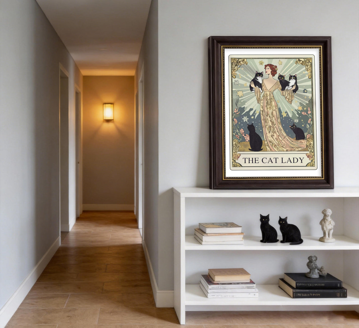 Framed Cat Lady Tarot Wall Art, Cute Animals, Stars & flower Painting Canvas Prints, Whimsical Vintage Black Cats Poster, Mysterious Elegance Artwork for Bedroom Living Room and Cat Lovers 9x11 in