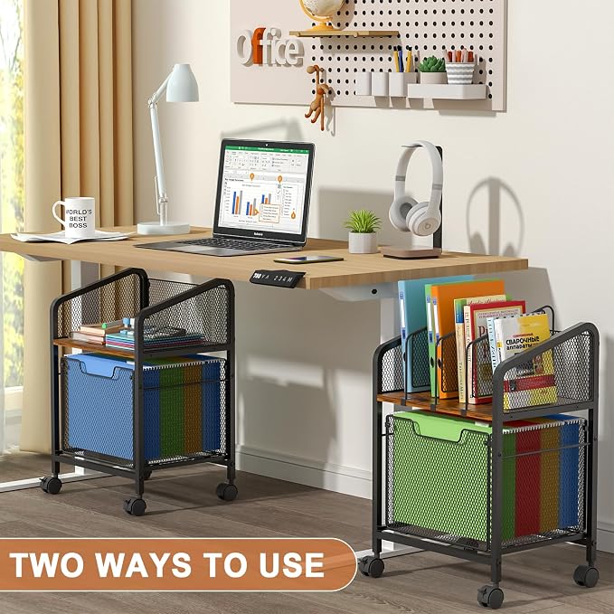 Tiaoheka Rolling File Cabinet with Adjustable Dividers, Vertical Filing Cabinet with Storage Drawer on Lockable Wheels, Hanging File Organizer Beside Under Desk for Office, Home(Patent Pending)