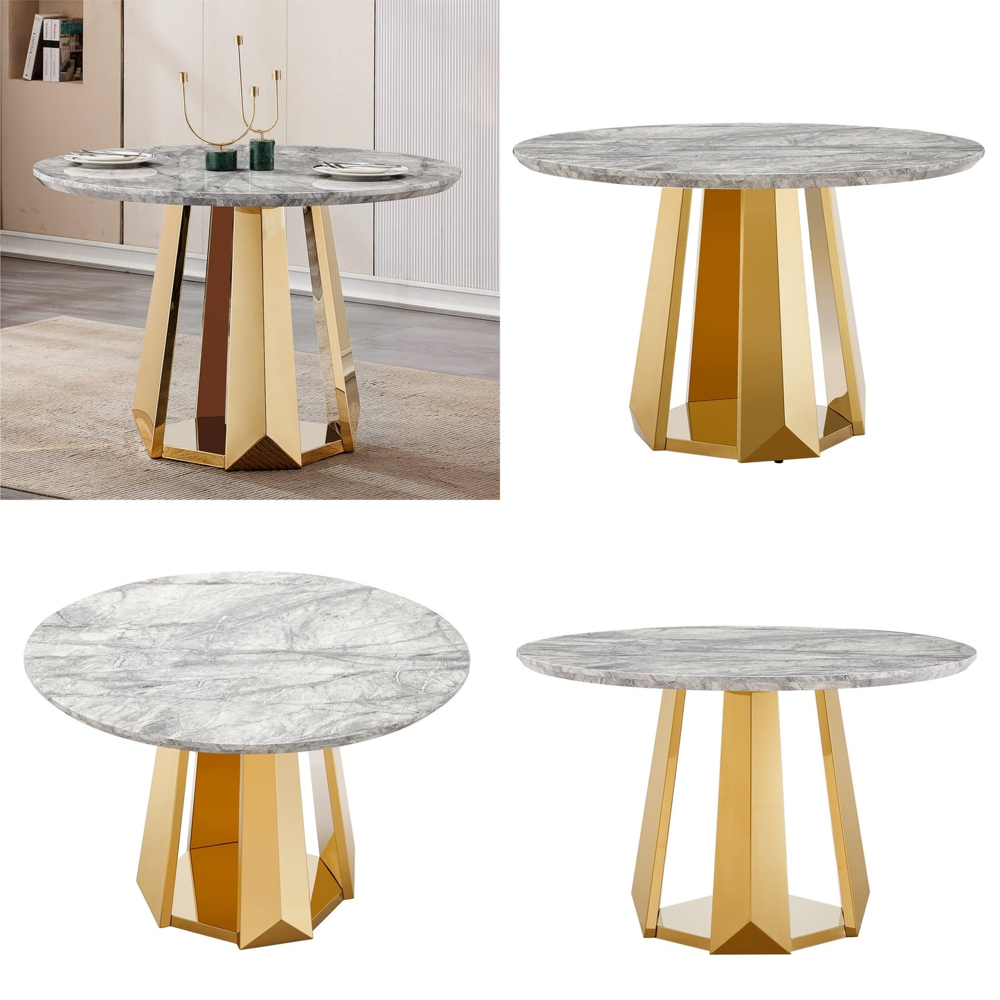 Glyph Form Round Faux Marble 47" Dining Table for 4-6, Luxury Gold Kitchen Table with Stainless Steel Base, Easy to Clean & Heavy Duty Modern Dining Room Table for Home Office,Grey, MDF(Table Only)