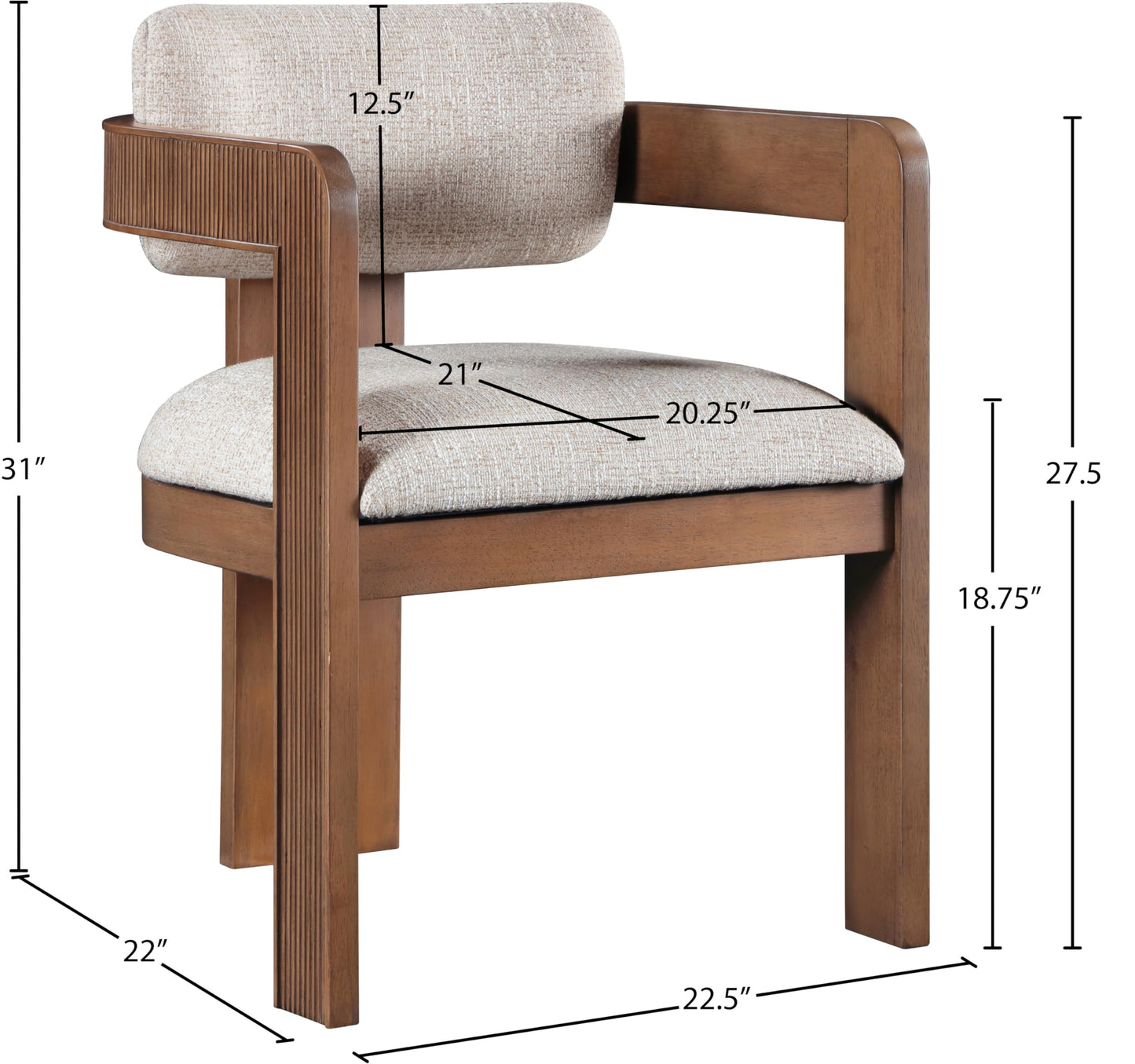 Meridian Furniture 11093Beige-C Sacha Collection Art Deco Dining Chair, Rich Beige Linen Textured Fabric, Two Tone Weave, Solid Fluted Wood Brown Finish, 22.5" W x 22" D x 31" H, Beige, Set of 2