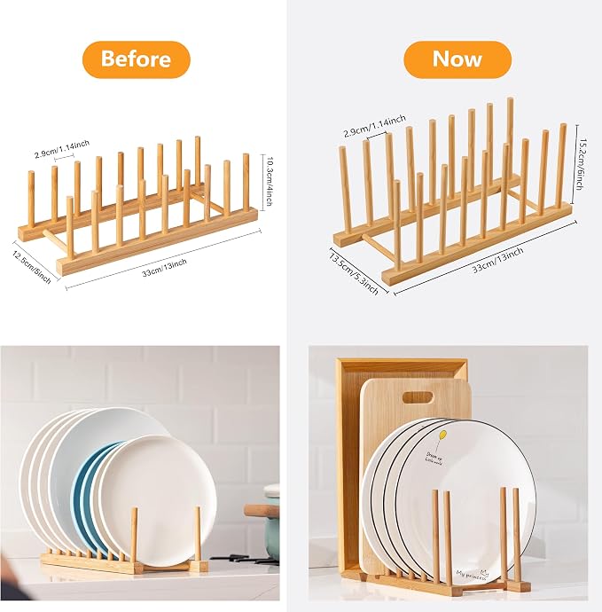 HBlife 4pcs Heighten and Widen Bamboo Dish Dying Rack Pot Lid Plate Organizer Holder for Cabinet, Cutting Board Stand Drainer Storage Plate Rack for Dish, Pot Lid, Bowl, Cup, Cutting Board and Books