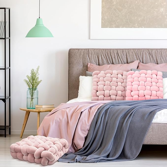 Wenqik 2 Pcs Knot Pillows Square Knotted Plush Throws Soft Accent Pillows Decoration Cushion for Couch Home Office Living Room Bedroom Bed Sofa Decor, 12'' x 13''(Haze Pink,Crystal Velvet)