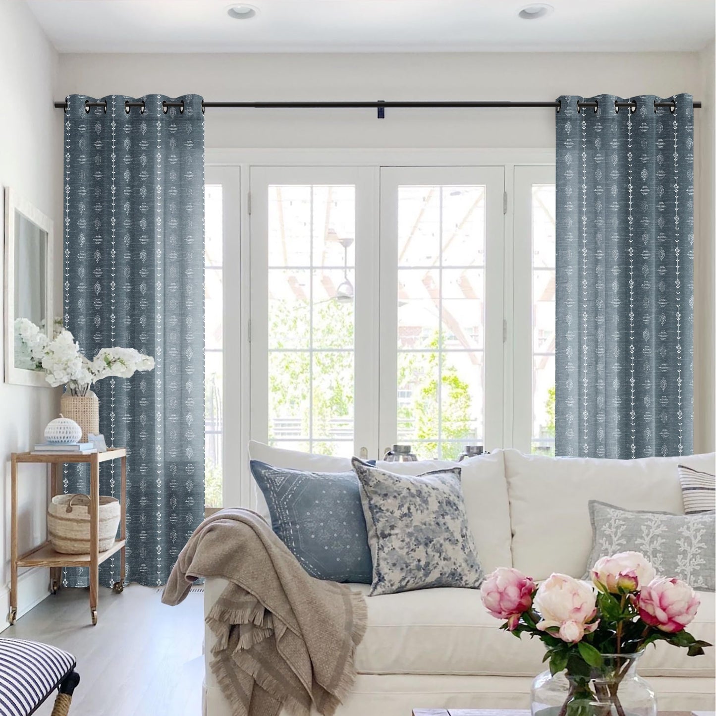 Denim Blue Modern Farmhouse Curtains, Vintage Dusty Blue Grey Chambray Linen Scandinavian Global Inspired Tie Dye Ikat Look Curtains for Living Room Bedroom