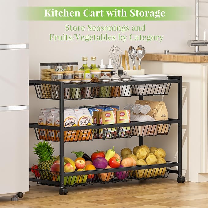 3-Tier Rolling Pantry Cart on Wheels with 9 Removable Baskets, Sturdy Pantry Floor Organizer and Storage, Kitchen Storage Cart for Fruit Vegetables, Snack Organizer for Pantry Kitchen Living Room