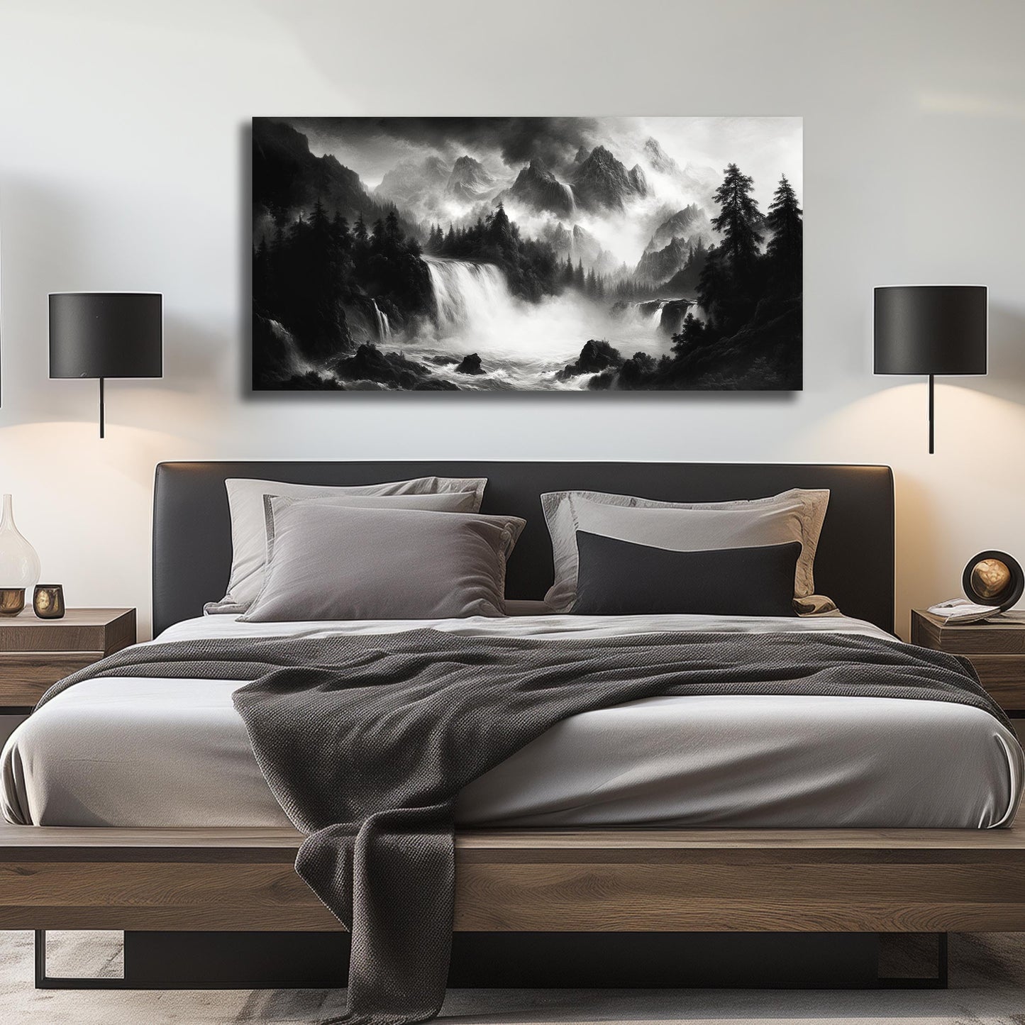 CPKATMT Waterfall Wall Art for Bedroom Black and White Tree Wall Decor for Office Natural Landscape Wall Pictures for Living Room 24 x 48 Inch