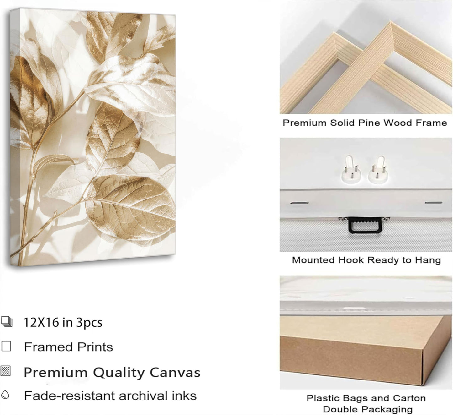3 Pcs Modern White Floral Golden Leaves Canvas Wall Art Neutral Boho Beige Botanical Painting Pictures Nordic Wall Decor Posters Print Artwork for Bedroom Living room Office Home Decoration