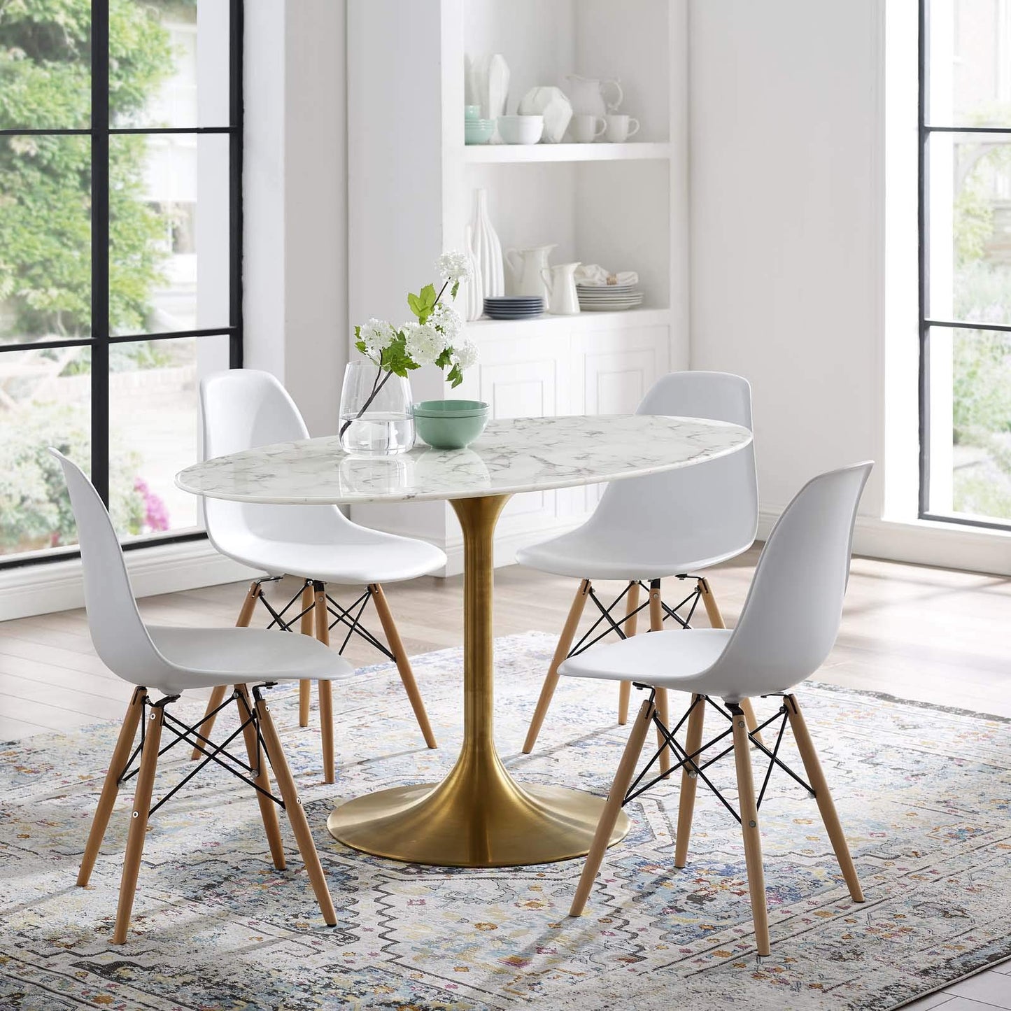 Modway Lippa 54" Oval-Shaped Mid-Century Modern Dining Table with Artificial Marble Top and Gold Base