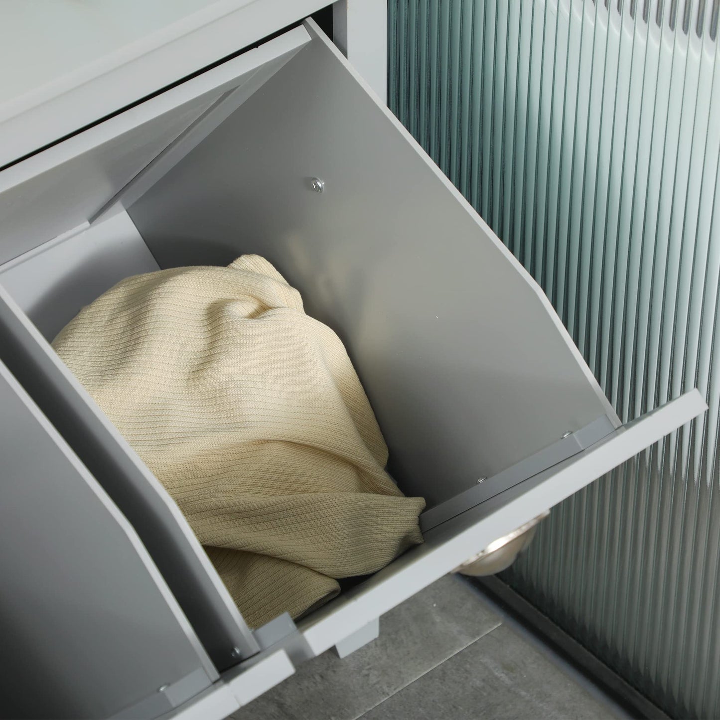 Tilt Out Laundry Sorter Cabinet, Bathroom Storage Organizer with Two Compartment Tilt Out Hamper, Gray