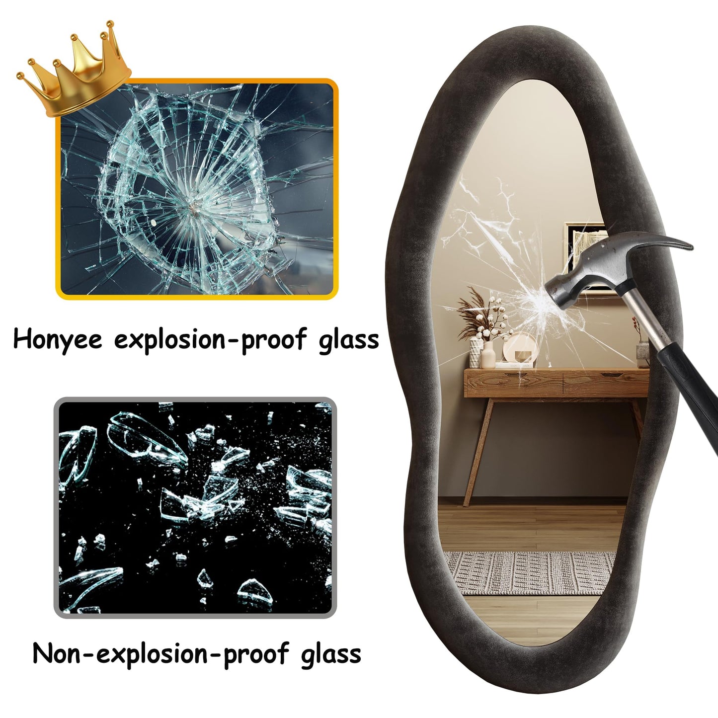 Honyee 55" x 24" Wavy Mirror, Flannel Wrapped Wooden Frame, Irregular Hanging for Cloakroom/Bedroom/Living Room, Black
