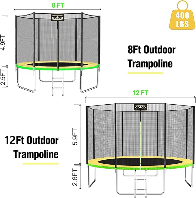 AOTOB 8FT 10FT 12FT 14 FT 15FT Trampoline with Safety Enclosure Net,Outdoor Trampoline with Basketball Hoop, Heavy Duty Jumping Mat and Spring Cover Padding for Kids and Adults, Storage Bag and Ladder