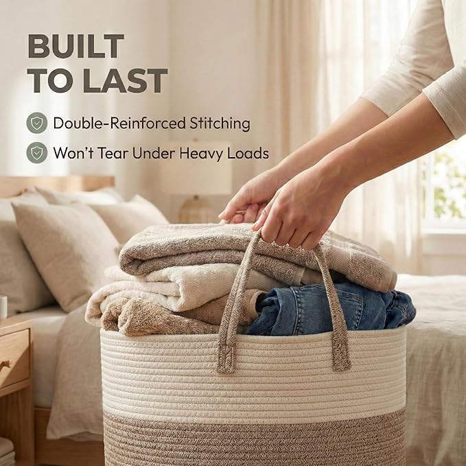 JMvicyroam 115L Extra Large Blanket Basket for Living Room - Woven Cotton Rope Laundry Hamper with Reinforced Handles - Storage Bin for Pillows, Comforters & Toys - Machine Washable,White&Brown
