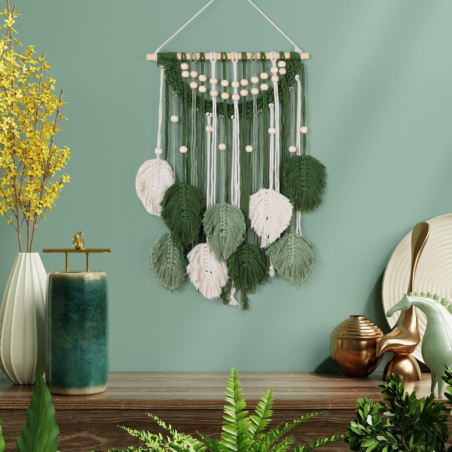 Newwiee Leaves Macrame Wall Hanging Boho Feather Macrame Wall Decor Woven Tapestry Green Stylish Feather Hanging for Nursery Bedroom Living Room 27.6 x 15.8 Inch