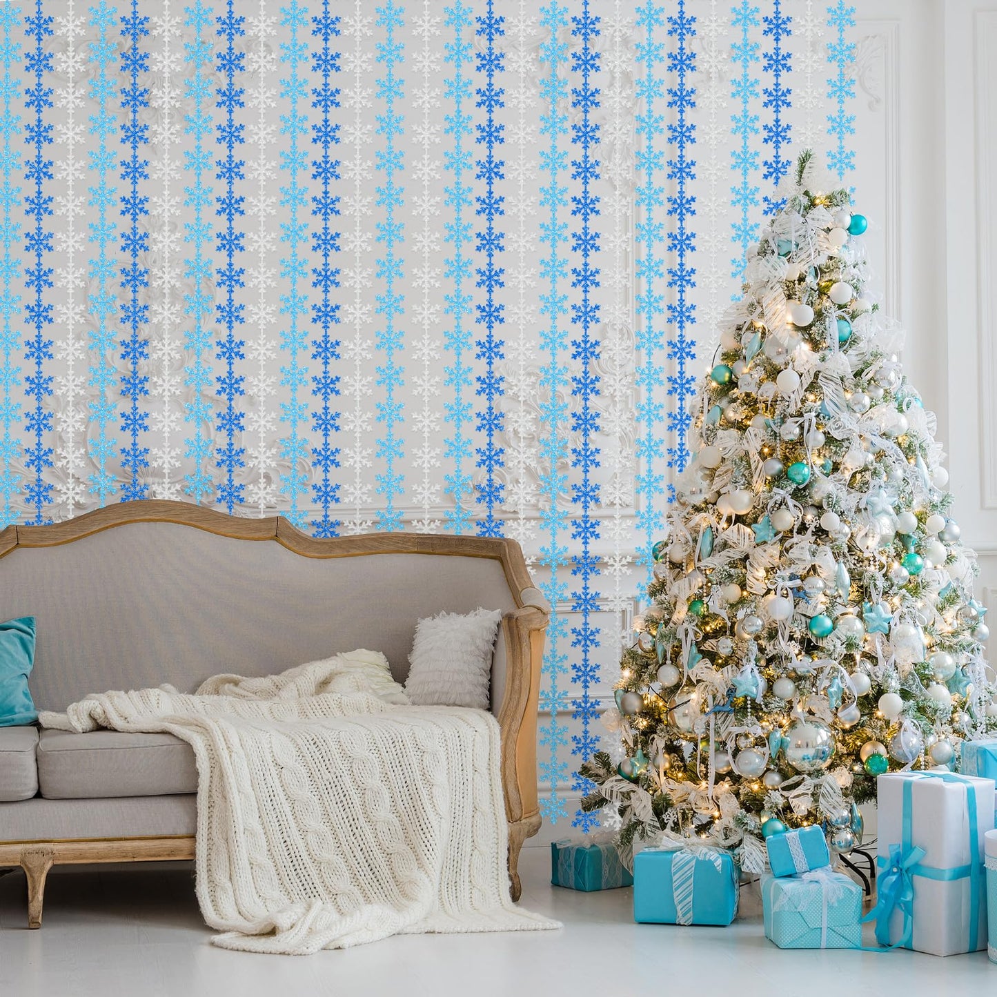 Avikosi 2 Pack Snowflake Foil Fringe Curtains, 3.3×6.6 ft Blue Tinsel Backdrop Streamers for Frozen Theme Birthday, Winter Wonderland Party, Baby Shower, Holiday Wall Decor