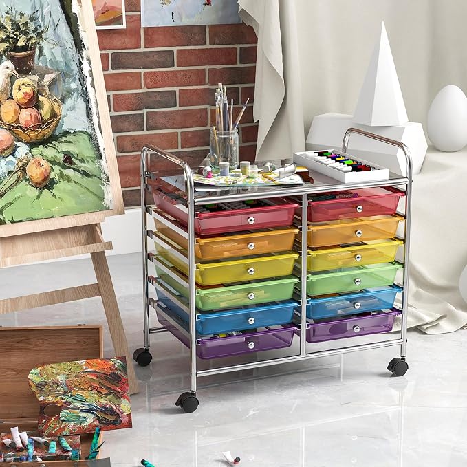 COSTWAY 12-Drawer Rolling Storage Cart, Utility Storage Organizer Cart for Tools, Scrapbook, Paper, Craft, Multipurpose Art Supply Organizer on Wheels for Home Office School, Teacher, Rainbow