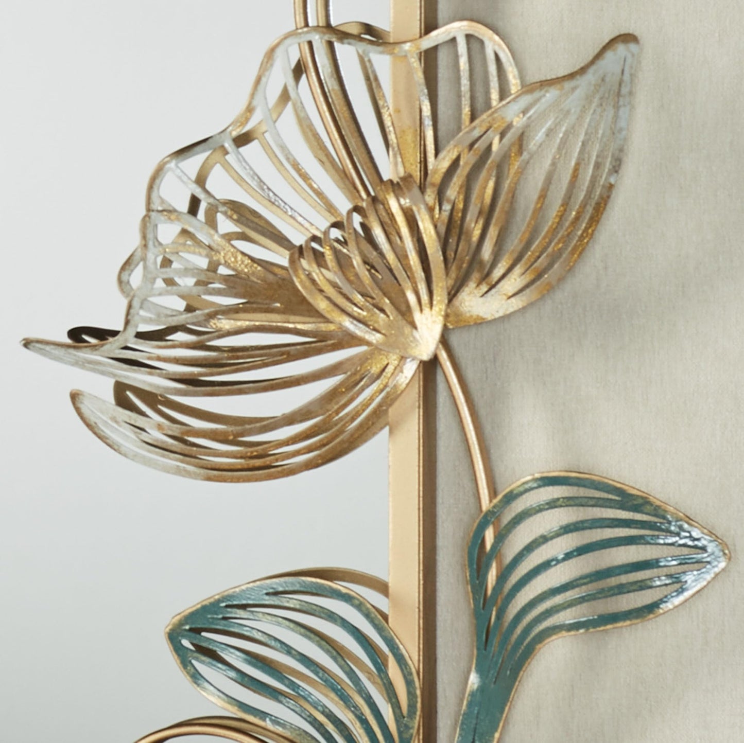 Floral Whisper Wall Mirror | Hand-Finished Metallic Gold with Ivory, Green, and Glitter Details | Rounded Corner Rectangular Panel Wall-Mounted Mirror | Openwork, Layered Flower Blossoms and Leaves
