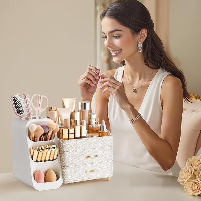 HBlife Makeup Organizer with Brush Holder for Vanity, Large Plastic Bathroom Countertop Organizer Skin Care Storage, Easy to Store Nail Polishes, Perfumes, Eyeshadow Palettes, Pearl All White