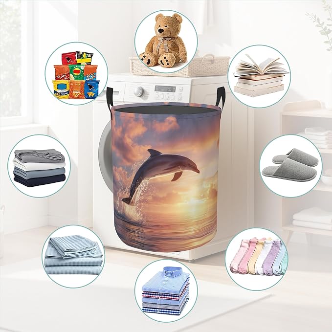 Laundry Hamper Foldable Oxford Cloth Dolphin Laundry Basket With Handle Portable Clothes Storage Organizer Basket Storage Bag For Laundry Room/Bedroom/Bathroom