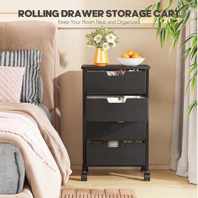 Rolling Cart with Drawers, Wooden Top and Front, with Wheels Metal Under Desk Storage Cart with 4 Drawers, for Office, Bedroom, Classroom, Home, Black