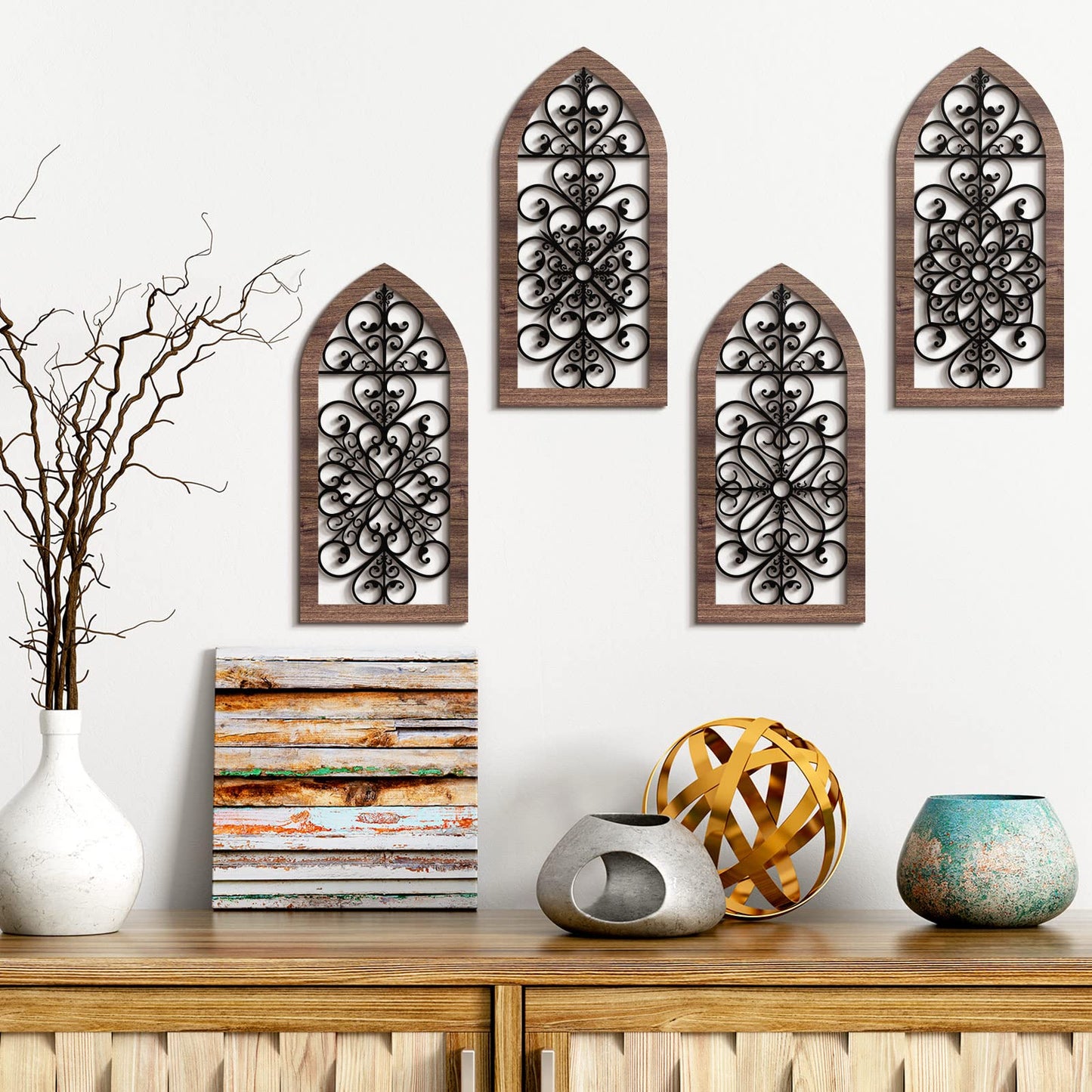 4 Pieces Thicken Rustic Wood Wall Decor Arch Modern Farmhouse Wall Art Decor Wooden Hollow Carved Design Rustic Home Art for Living Room Bedroom Office Kitchen (Classic Style)