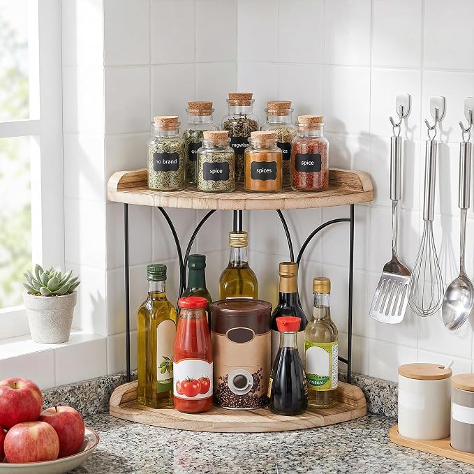Goaste 2-Tier Bathroom Counter Organizer, Wood Vanity Corner Shelf, Skincare Storage Standing Tray, Kitchen Countertop Spice Rack, Makeup Perfume Holder for Bathroom Organization, Dresser, Kitchen