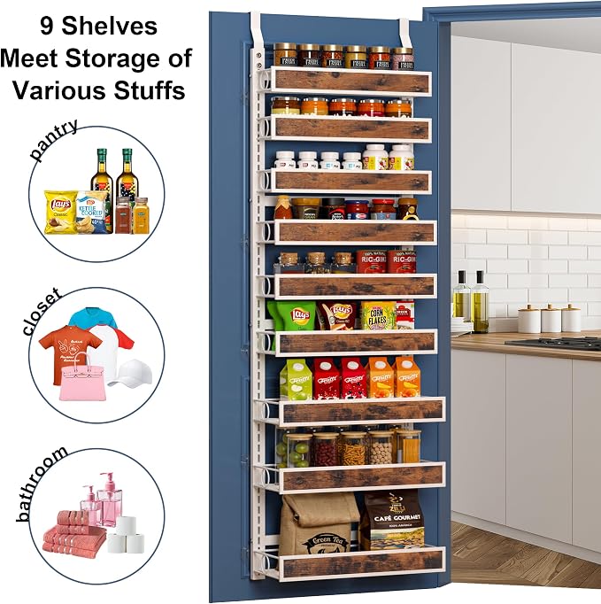 9 Tier Over The Door Pantry Orangizer 2 IN 1 Wall Mounted or Hanging Spice Rack with Adjustable Wood Basket,Heavy Duty Seasoning Storage Shelf for Kitchen Pantry and Bathroom White