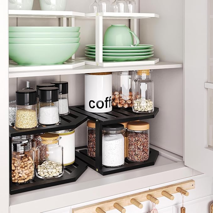VERTORGAN Bamboo Corner Shelf(2 Pack),2 Tier Plate Organizer for Cabinet and Countertop,Pantry Dish and Spice Rack for Kitchen(Black)