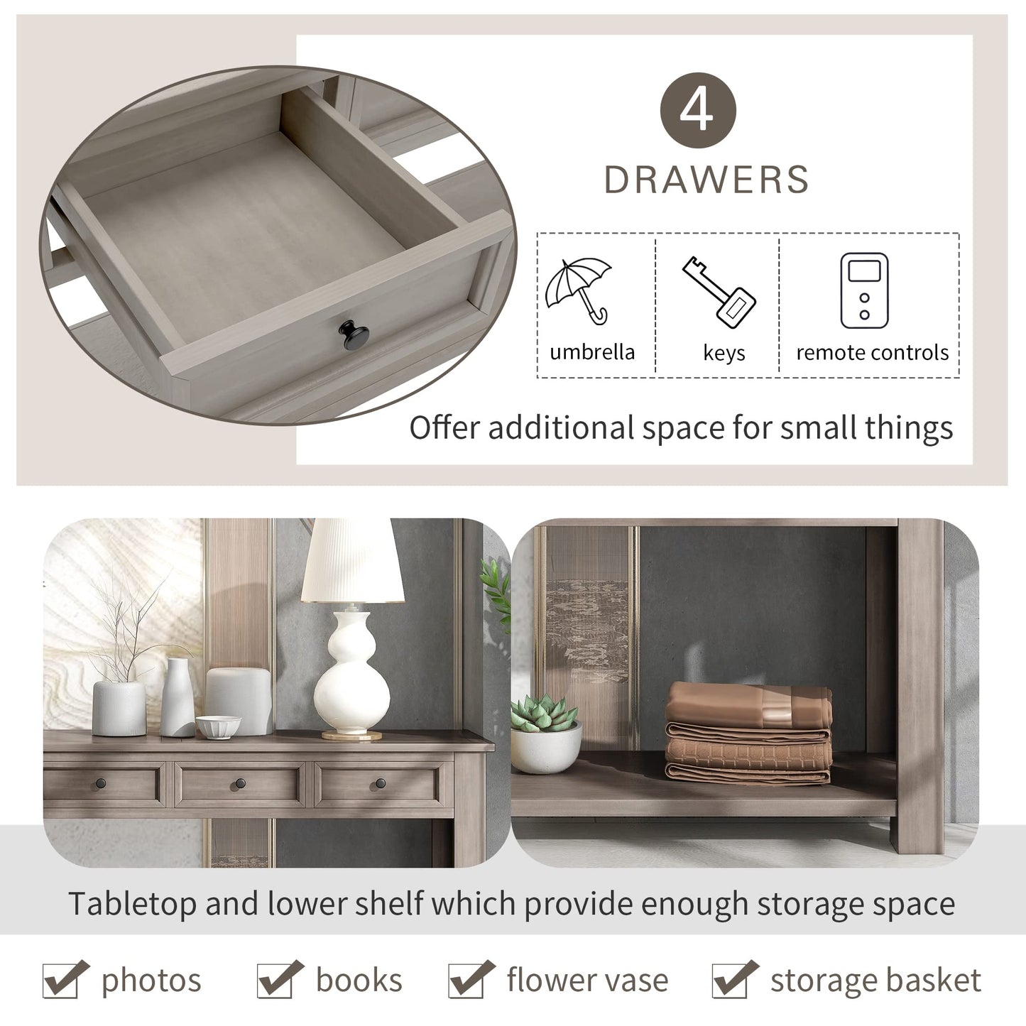 Jintop Solid Wood Console Sofa Table with 4 Drawers and Tabletop,Bottom Shelf for Entryway Hallway or Living Room,Space Saving,Easy to Assemble,Gray Wash,63" L×14" W×30" H