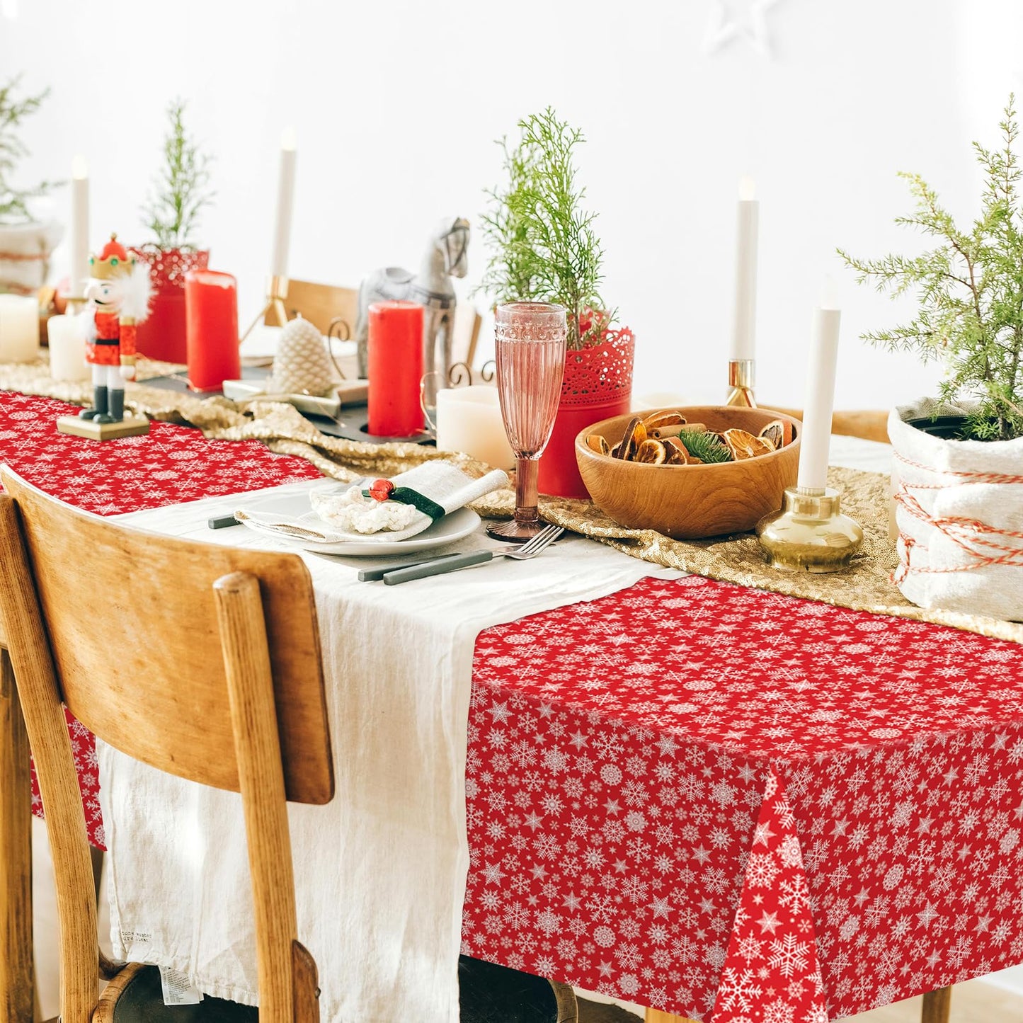 CXPSINC 4 Pack Disposable Snowflake Plastic Tablecloth - Christmas Table Cover for Party Decoration Supplies - 54 x 108 Inches Christmas Tablecloth (Red Snowflake)