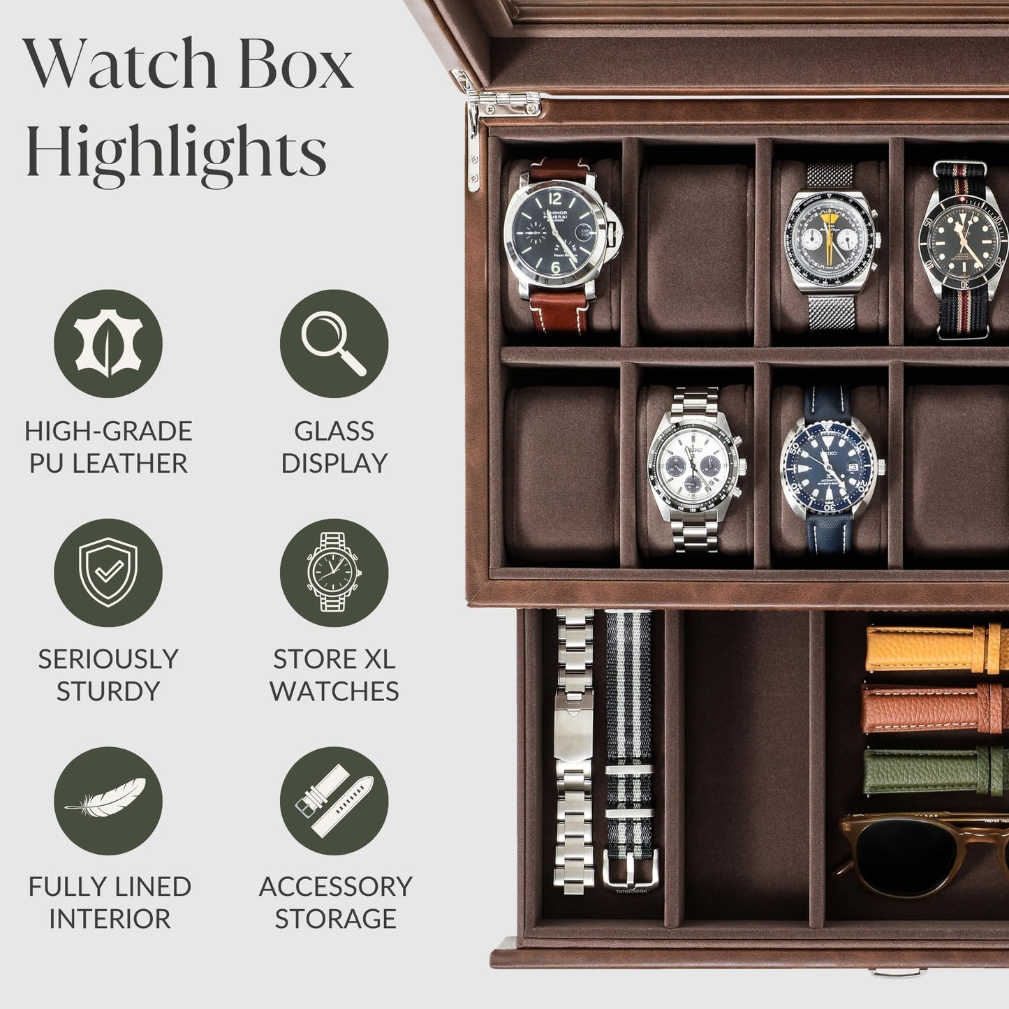 TAWBURY Bayswater 12 Slot Watch Box with Drawer (Brown) with a Set of 12 X-Small Pillows to Fit 5.5-6.5" Wrists