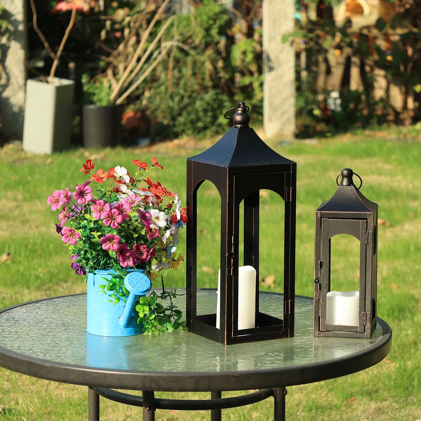 NEEDOMO Lanterns Decorative Indoor&Outdoor,Set of 3 Outdoor Lanterns for Porch, 26" Metal Frame Candle Holders with LED Candles, Fall, Christmas