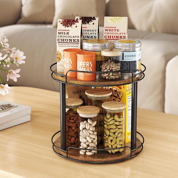 LAMU 9'' Wood Lazy Susan Turntable Organizer for Cabinet, 2 Tier Lazy Susan Spice Rack Organizer for Kitchen, Table Top, Countertop, Pantry, Medicine Organizer