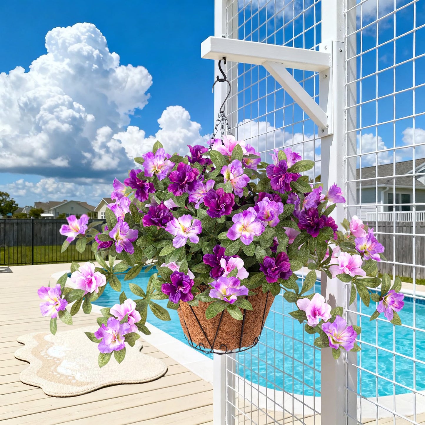 Ammyoo Artificial Hanging Flowers for Outdoors Hanging Baskets, 3 Pcs Fake Silk Flower with Hanging Baskets Planter for Spring Summer Garden Porch Patio Yard Outside Decor