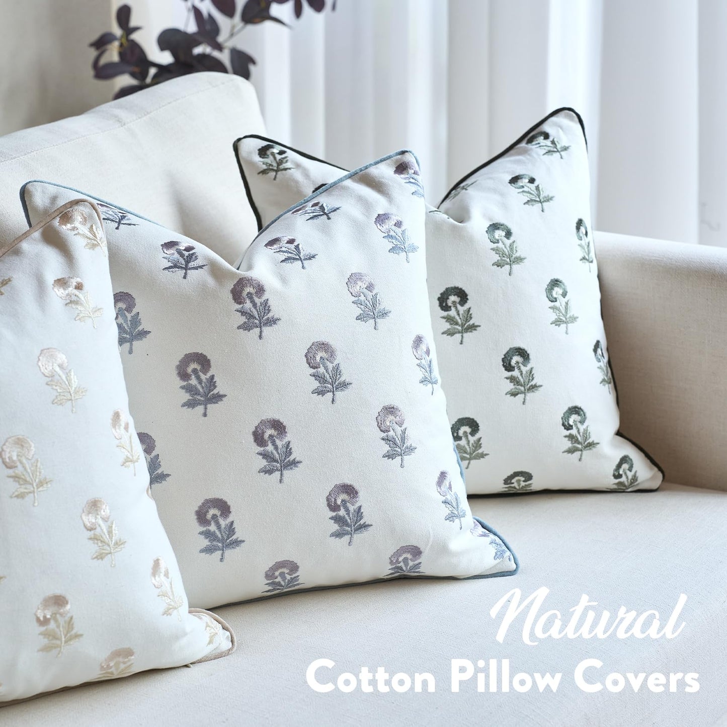 FIOUOVO Embroidered Floral Pillow Covers 18x 18 Set of 2 Cotton Farmhouse Throw Pillow Covers with Piping Edge Decorative Cushion Covers for Sofa Couch Bedroom Living Room, Olive Green