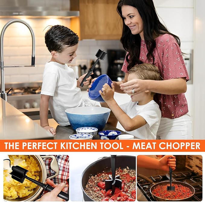 6Pcs Ground Meat Chopper - Nylon Nonstick Ground Beef Chopper with 5 Curved Blades & Ergonomic Non-Slip Handle, Dishwasher Safe Sturdy Meat Masher, Heat-Resistant Potato Masher for Kitchen