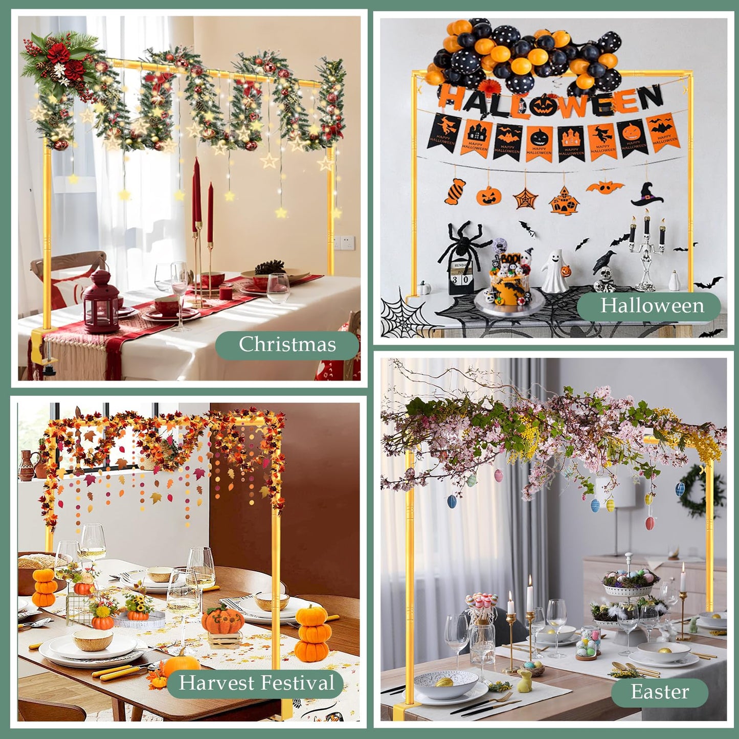 WellSign Over The Table Rod Stand with Clamps 31"-110" Length 31"-64" Height Adjustable Metal Table Hanging Decor Rod with Storage Bag for Gender Reveal Ceremony Party, Gold Table Balloon Arch Stand