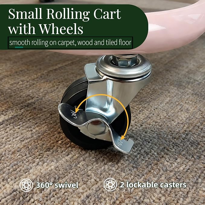 2 Tier Rolling Cart with Wheels for Under Desk Storage, Pink Small Rolling Pantry Storage Cart for Small Space, Metal Short Utility Shelf for Vanity Kitchen Bathrrom Laundry Organization