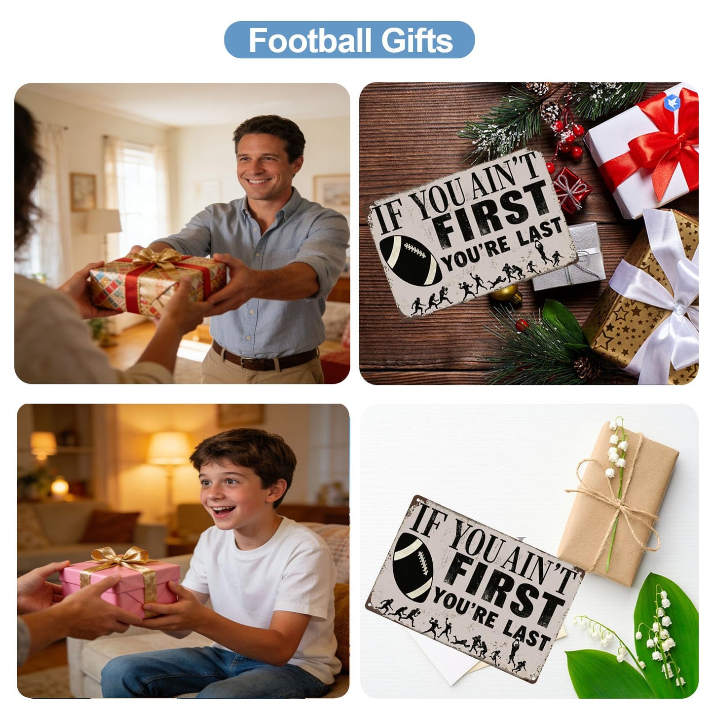Qinfly Funny Football Wall Art Decor Gifts for Boys,Football Player,Men Who Love Football,If You Ain't First You're Last Sign,Football Stuff Accessories for Room,Bedroom,8x12 Inches