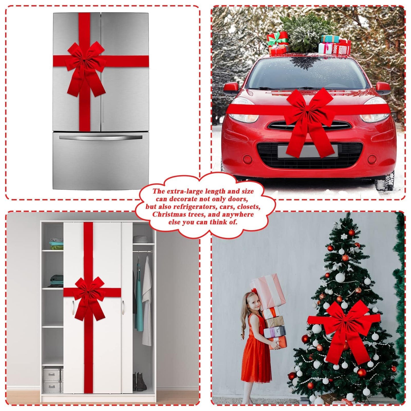 gisgfim 2pcs Christmas Cabinet Door Ribbon Big Red Bow Large Door Lace Christmas Tree Bow Holiday Decorations Christmas Front Door Party Supplies