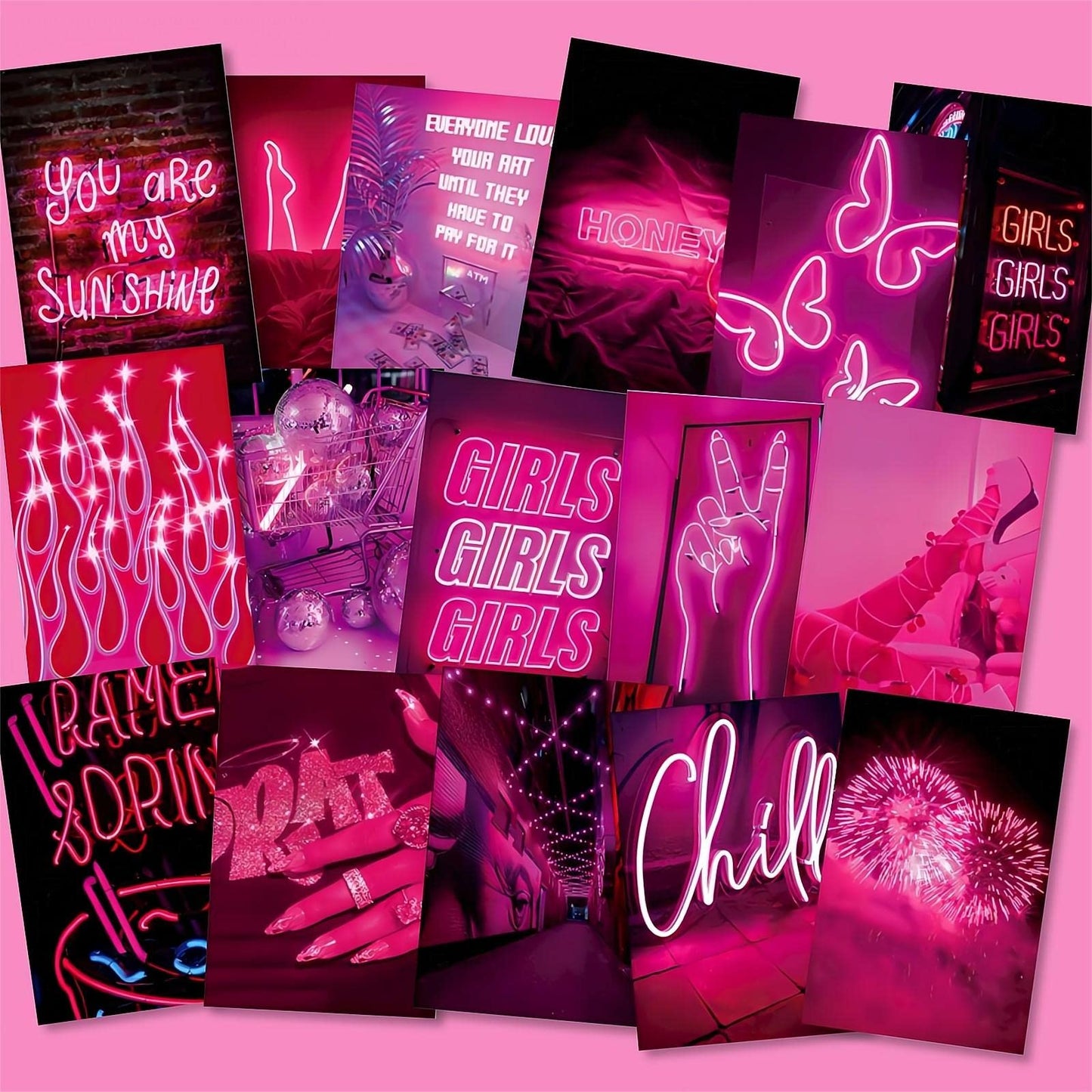 LCLAIDYDY 50 PCS Wall Collage Kit Aesthetic Pictures, Pink Neon Room Decor Posters for Room Aesthetic, Dorm Photo Wall Decor for Teen Girls, VSCO Girl Bedroom Decor (4x6 Inch)