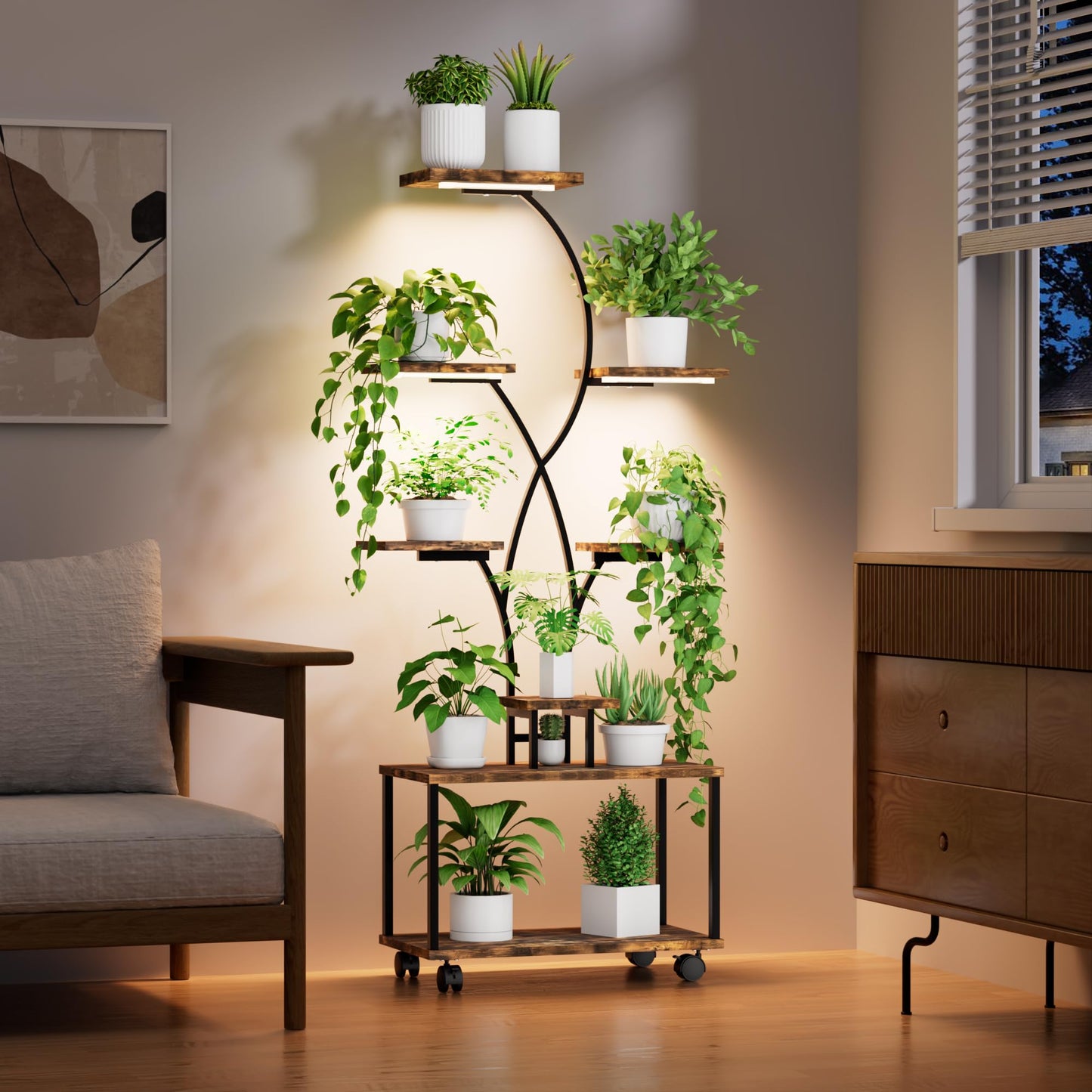 Azaeahom Plant Stand Indoor with Grow Lights, 8 Tiered Metal Plant Shelf with Wheels, 58" Tall Corner Plant Stand Flower Display Rack Holder for Living Room, Patio