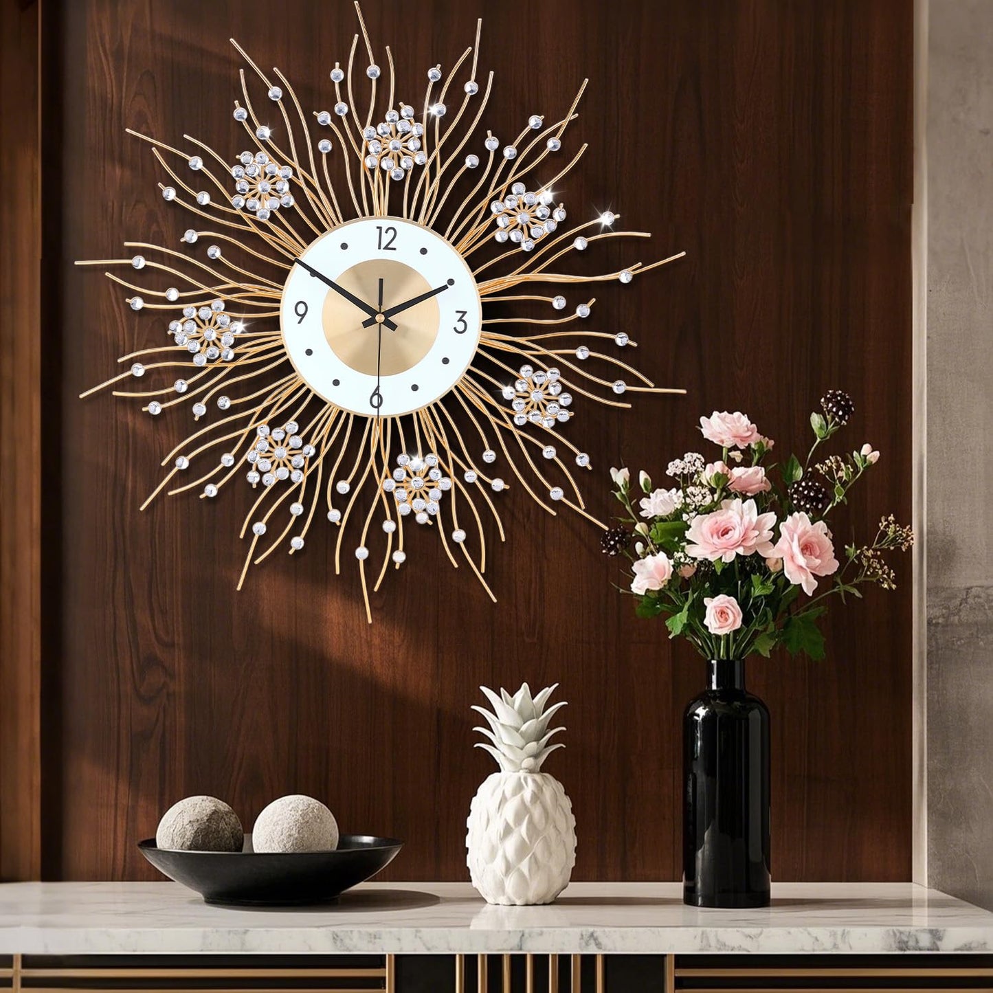 SIN&MI Large Wall Clocks, Silent Sunflower Shape Chic Decorative Wall Clock, Modern Non-Ticking Round Clock Dial Iron Metal Wall Clock for Living Room Decor Entrance Office Cafe 20 Inch