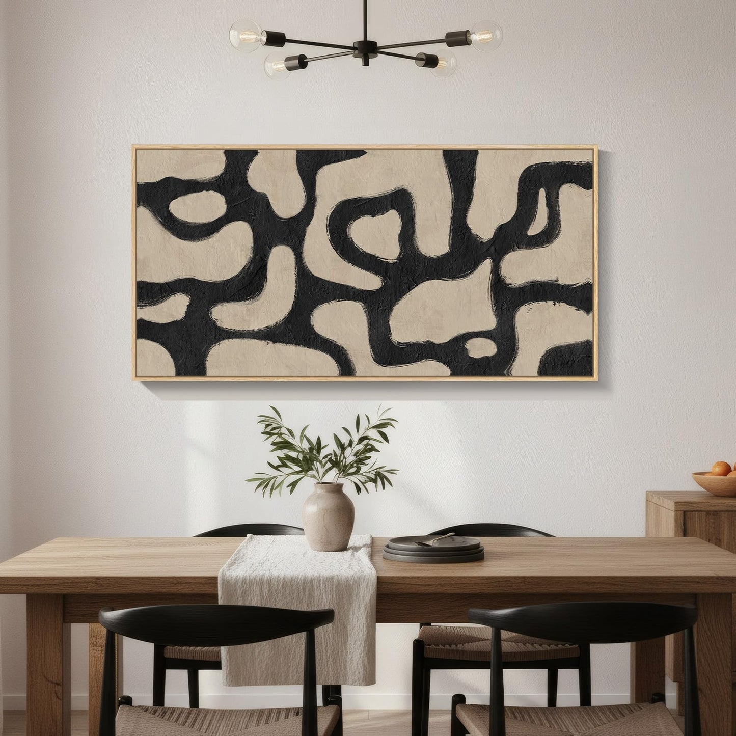 Framed Neutral Horizontal Abstract Wall Art for Living Room, Extra Large Black and Beige Modern Painting Print, Mid Century Canvas Artwork for Dining Room Bedroom Hallway Office Walls Decor, 30x60 Inch