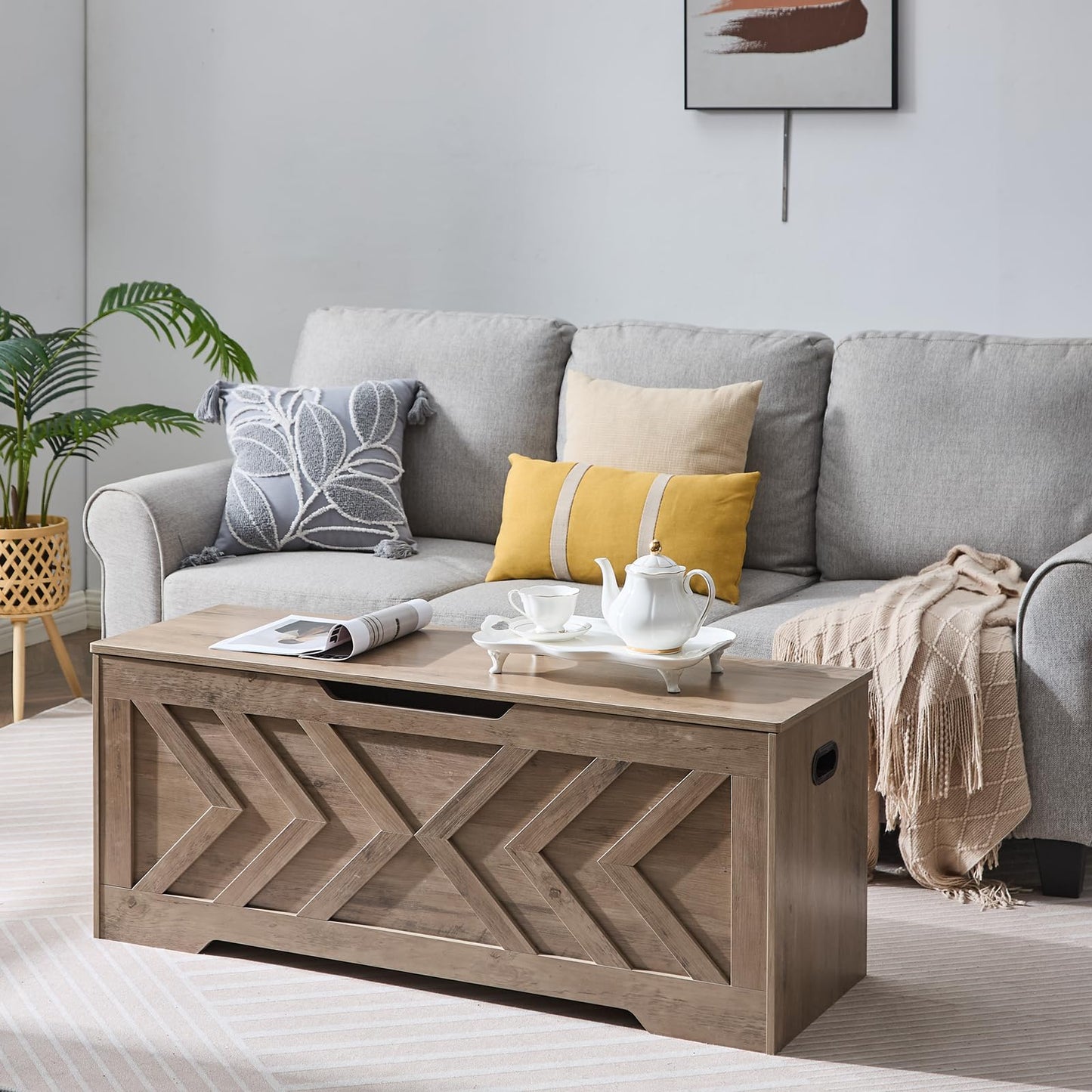 XDliv 47.2” Storage Bench,Extra Large Wooden Storage Chest with 2 Safety Hinges,entryway Bench,Blanket Storage,Shoe Storage Bench for Entryway,Bedroom,Living Room,Easy Assembly.-Greige