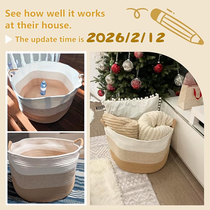 Artfeel 70L Large Cotton Rope Basket, Decorative Woven Blanket Storage for Living Room, Boho Toy Storage & Toy Box for Kids, Versatile Laundry Basket & Nursery Hamper for Blankets(BrownYellow)