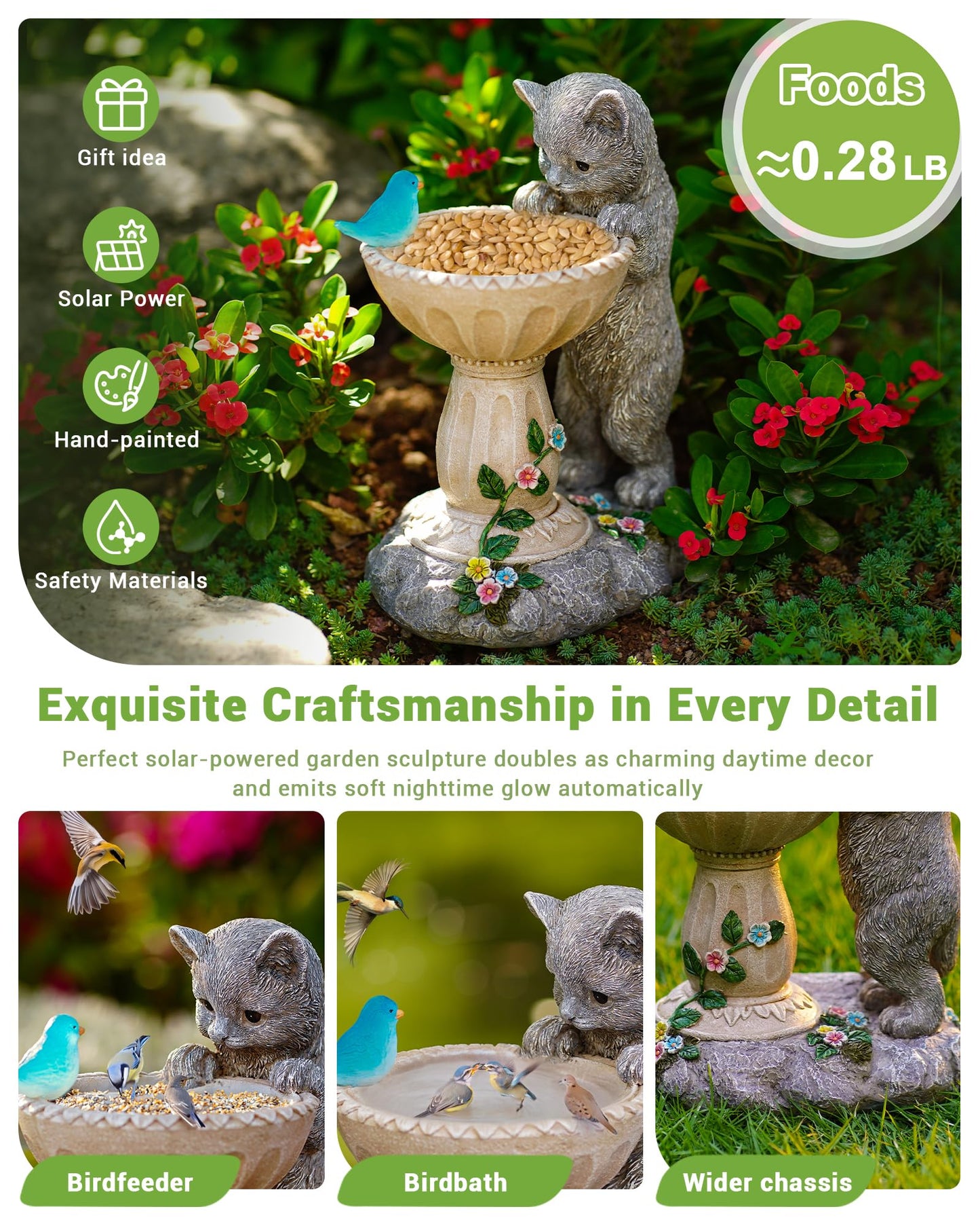Nacome Solar Cat Statue for Garden Decor: IP44 Weatherproof Resin with Automatic Lighting - No Installation- Outdoor Yard Patio Balcony Art - Birthday Gifts for Bird Lovers Mom Grandma Women