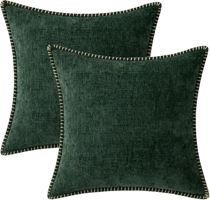 MIULEE Pack of 2 Pillow Covers 20x20 Inch Dark Green Farmhouse Decorative Throw Pillow Covers with Stitched Edge Soft Chenille Solid Dyed Couch Pillow Covers for Sofa Bed Living Room