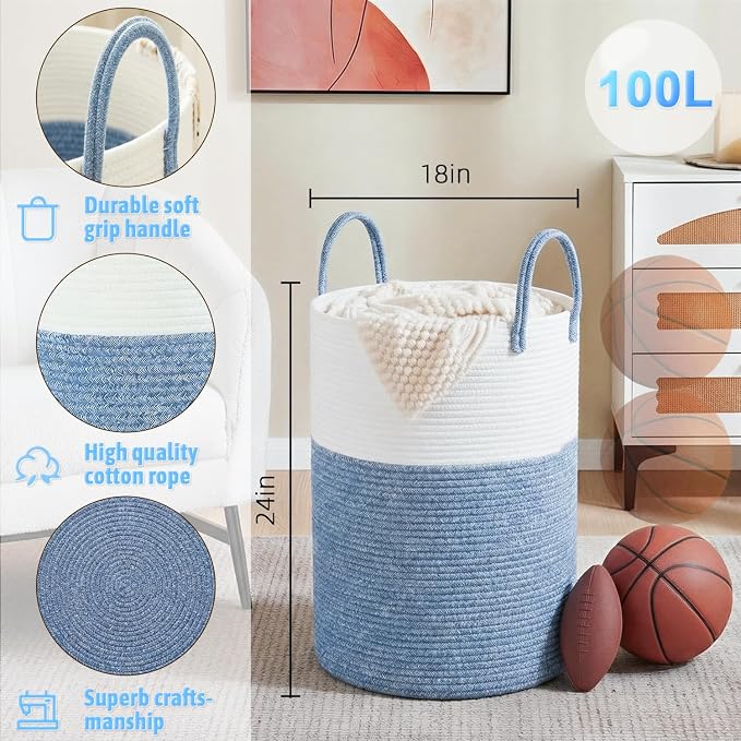 Laundry Basket,Woven Cotton Rope Laundry Hamper,100L for Decor Storage of Dirty Clothes,Toys and Blankets in Bathroom,Baby Room and Living Room