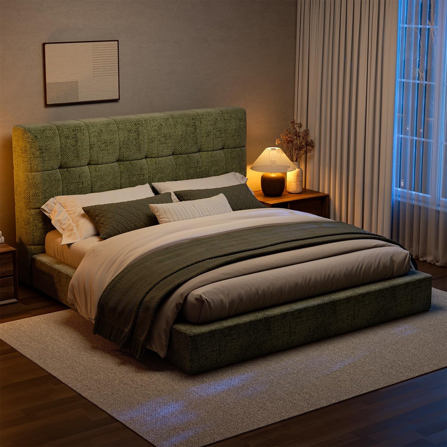 Lab Cosi Queen Cloud Bed Frame, Heavy Duty Upholstered Platform Bed with 2 Support Beams & Crossbar, 5.9" Thickened Foam for Safety, Easy Assembly, No Box Spring Needed, Exclusive Sage Green