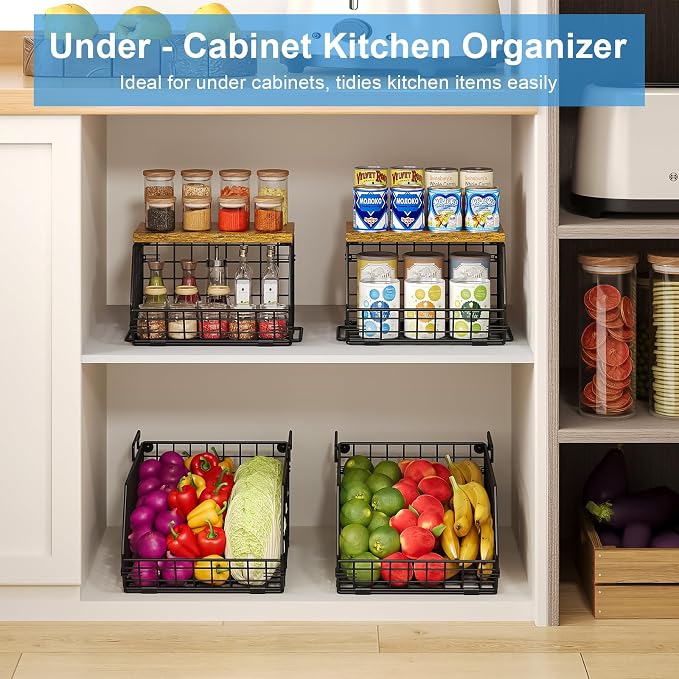 Stackable Fruit Basket for Kitchen Counter, 2 Tier Wire Baskets with Wooden Lid Top, Vegetable Storage Organizer Bins, Wall Mountable Pantry Baskets for Produce, Onion, Potato, Black